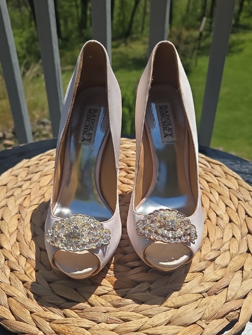 Badgley Mischka Blush Pink Peep-Toe Heels with Crystal Brooch